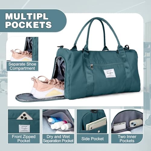 WEPLAN Gym Bag Womens Men Sports Fitness Bags Weekend Overnight Bag Travel Duffle Bags for Women with Shoes Compartment Wet Pocket,Holdall Hospital for Swimming Carry on Hand Luggag,A7-Peacock Blue — view 4