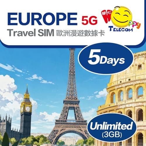 Happy 5G UK + Europe 27 Countries 5Days Unlimited Data Travel Sim Card | 3GB of 5G High-Speed Data | Includes Turkey & Switzerland | No Daily Limit | No Registration Required | Easy Activation