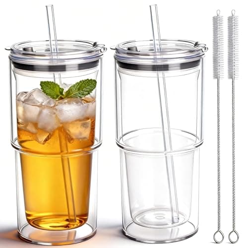 Yisituo Coffee Travel Mug, 2 Pack 510ml Reusable Plastic Cups, Drink Cups with Lids and Straws, Insulated for Hot & Cold Drinks, Car Cup Holder Compatible (2, Clear)