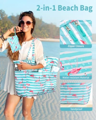 Large Beach Bag with Zip and Wet Compartment Beach Tote Bag, Flamingo — view 5