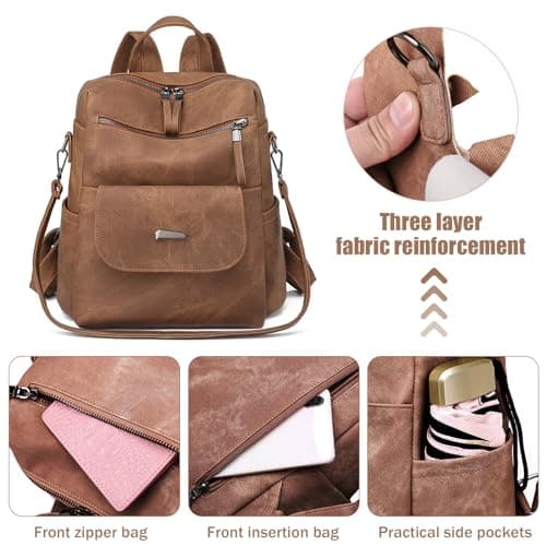 PU Leather Anti-Theft Backpack for Women - High Capacity Waterproof Rucksack, Fashion Handbag, School Bag, Retro Ladies Daypack for Work and Travel (Brown) — view 4