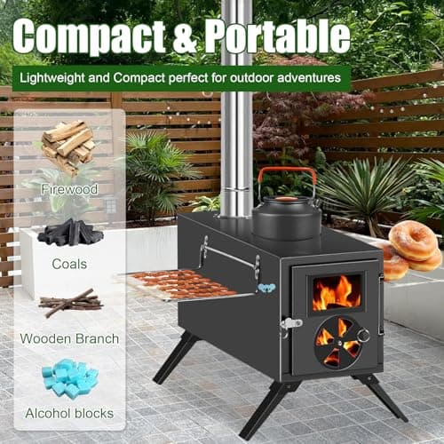Qivine Portable Tent Camping Stove, Foldable Camping Wood Stove, Neat & Compact Hot Tent Stove with Chimney, No Smoke Leakage & Easy to Install for Camping Heating Cooking Ice Fishing — view 6