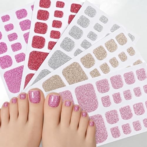 FrostyFlair Toenail Wraps for Pedicure & Nail Art, 5-Piece Set of Self-Adhesive Full Nail Wraps in Pink, Purple and Glitter, Red, Gold and Silver Toenail Stickers for DIY Manicure