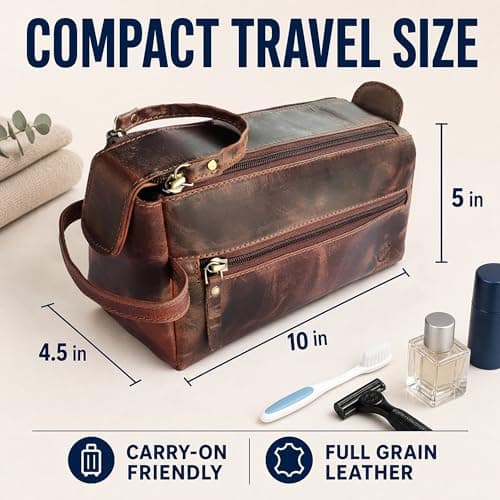 Leather Wash Bag for Men - Travel Toiletry Bag - Shaving Dopp Kit Toiletries Organizer - Leather Makeup Bag for Women — view 2