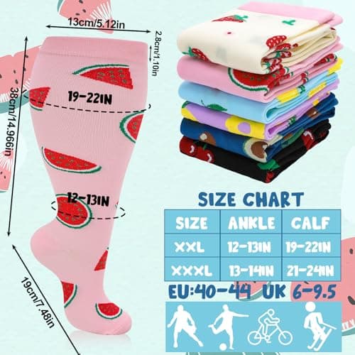 Zuimei 6 Pair Women Plus Size Leg Compression Socks, Fruit Pattern Wide Calf Compression Support Socks for Women, Ideal for Flight Travel Varicose Veins 2XL — view 4