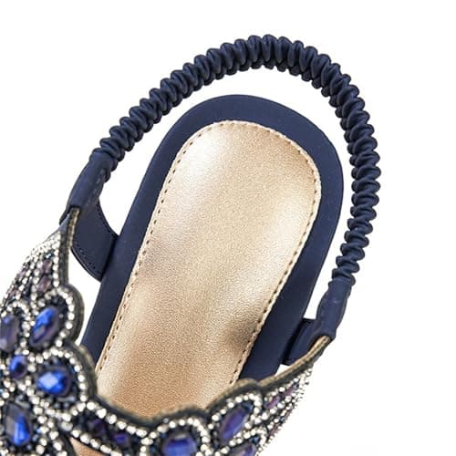 Women's Bohemian Rhinestone Wide Fit Wedge Sandals T Strap Dress Shoes Elastic Heel Strap Soft Insole Flats Non Slip Open Toe Comfortable Walking Sliders,Navy, Size 6 — view 5