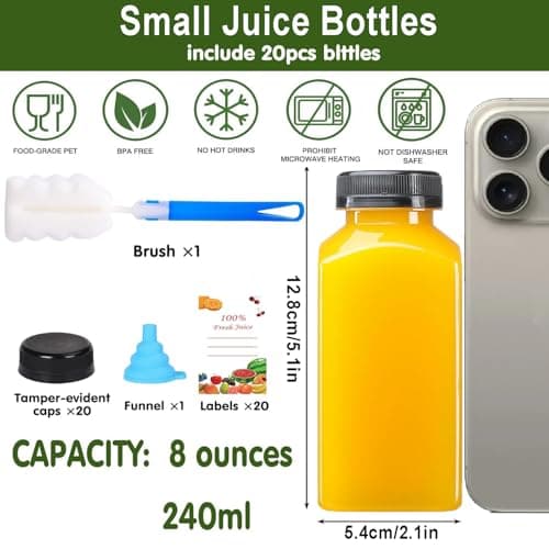 Kiswleon 20 Pack Plastic Juice Bottles With Lids, Brush, Funnel & Stickers — view 2