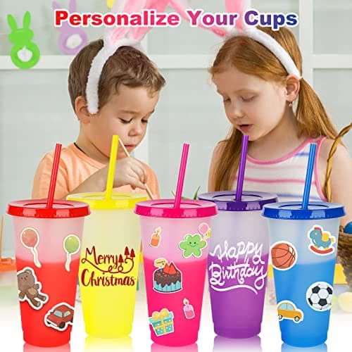 Echify Cold Cups with Lids & Straws - 5 Pack Bright Color Changing Cups 24oz Bulk Magic Tumbler Iced Coffee Cup Travel Mug - Reusable Plastic Cups Smoothie Milkshake Cup for Kids Adults — view 6