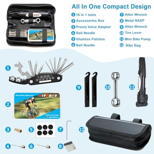 KITBEST Bike Tool Puncture Repair Kit, Portable Bicycle Multi Tools & Pump — view 2