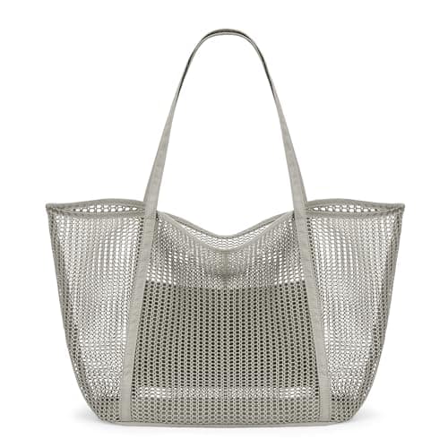KALIDI FANCY FOREST Foldable Mesh Beach Bag with Zip, 27L Large Mesh Tote Bags for Women Ladies Summer Beach Tote Bag for Holiday Travel,Grey