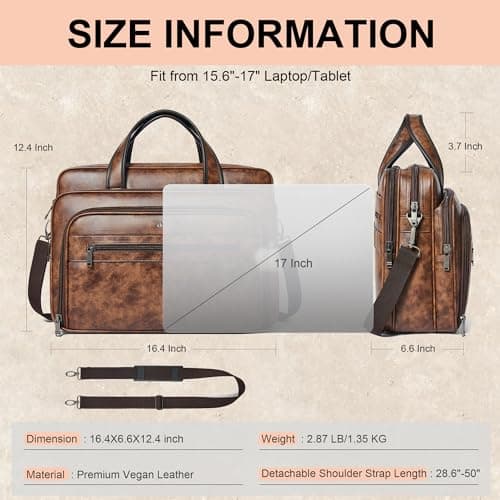 Shrrie Leather Messenger Bag for Men&Women 17 Inch Vegan Leather Laptop Bag,Water-Resistant Large Shoulder Satchel Office Work,Brown — view 4