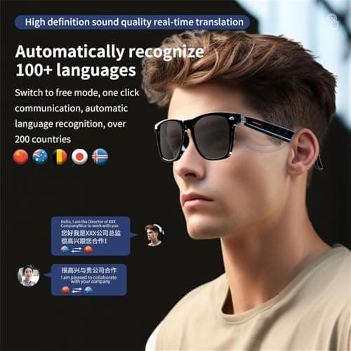 CatXQ AI Smart Glasses for Men & Women - Bluetooth Translation Glasses, Noise Cancelling Audio & Blue Light Filtering & Interchangeable Sunglass Lenses (Black/Blue/Pink) for Office & Outdoor - Black — view 4