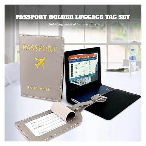 YMWALK Mr and Mrs Passport Wallet and Luggage Tag Set, PU Leather Travel Essentials for Couples, Cute Honeymoon Gift, Credit Card and Business Card Holder (Gray) — view 3