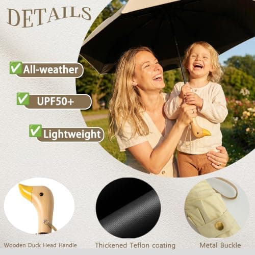 Travebo Travel Folding Umbrella with Cute Duck wooden Handle,Wide Strap,Rain/Sun,UPF 50+,UV Protection,Compact, Lightweight Portable, Sturdy & Collapsible,8 Ribs, Women/Kids,Backpack/Car, Dark black — view 5