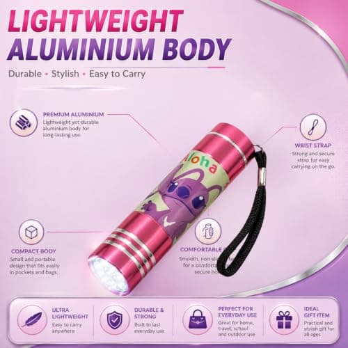 SRV Hub 9 LED Mini Flashlight Pink, 8.7cm Aluminium Kids Torch with Wrist Strap, Compact Pocket Light for School, Travel, Camping, Outdoor Adventures, Birthday Gifts and Party Bags — view 5