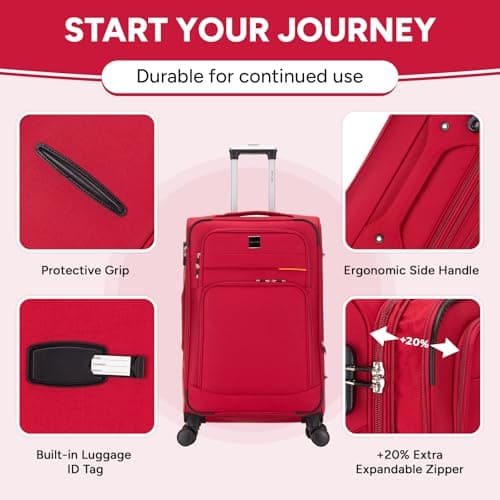 Skylark Medium Suitcase 24" Super Lightweight Luggage 20% Expandable 4 Wheels Spinner 3-Digit Combination Lock Soft Shell Luggage for 15 to 20kg (Red, 78 litres) — view 4