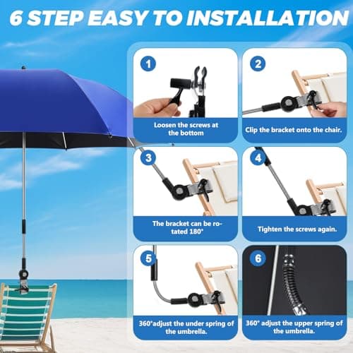 ConBlom 2 PACK Chair Umbrella with Universal Clamp, 360 ° Adjustable UPF50+ Umbrella for Stroller, Patio Chair, Wheelchair, Camping Chair, Golf Carts (Blue) — view 6