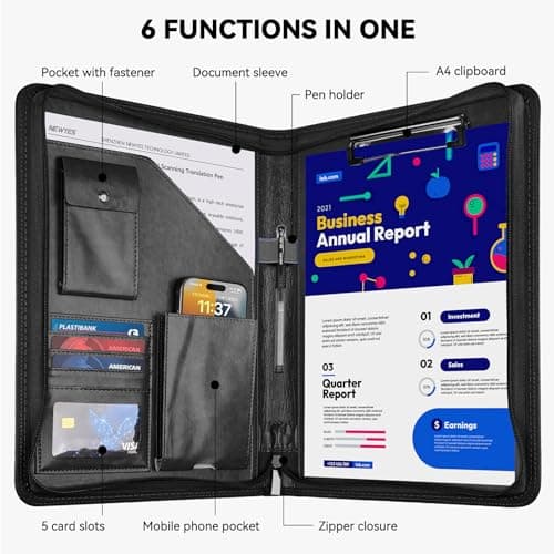 GUYUCOM Leather Zipper Conference Folder, A4, Travel Document Folder, Portfolio Travel Wallets, Black — view 2