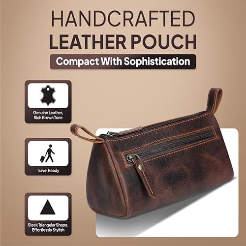 TheAntiq Leather Toiletry Bag Travel Dopp Kit for Men & Women Leather Makeup Organiser with Zipper Compartments Compact Travel Pouch Brown 8x3.5x3.5 Inch — view 4
