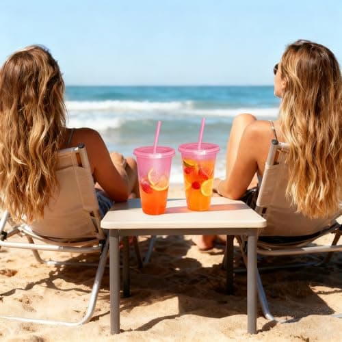 HJLIKE 12 Pack 710ml Reusable Plastic Cups with Lid Straws Letter Stickers and Cleaning Brushes, Glitter Water Cold Coffee Tumber for Birthday Hen Do Party Travel Beverages Drinking (Glitter Pink) — view 4
