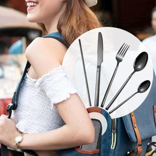 AARAINBOW Portable Cutlery Set for 1 Person, Stainless Steel Knife Fork Spoon Straw Set. 6-Piece Flatware Set with Bag, Suitable for Travel Camping Work, Dishwasher Safe, Black — view 6