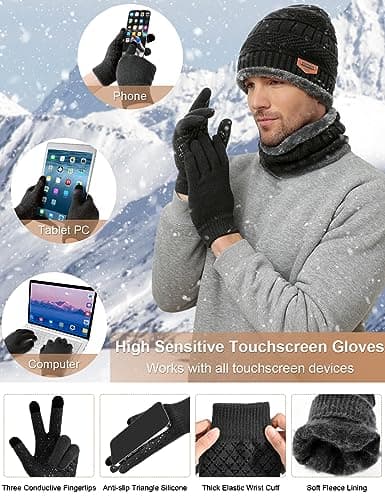 heekpek Mens Hat Scarf Glovers Set Unisex 5PCS Winter Set in Gift Box Fleece Lining Knitted Beanie Hat Earmuffs Neck Warmer Knit Gloves Thermal Socks Gift Set for Skiing Hiking Driving, Black — view 3