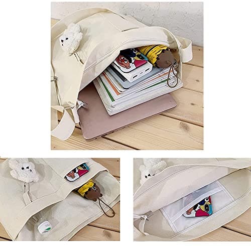 Laneko Cotton Tote Handbag Women Canvas Crossbody Beach Bag Hobo Crossbody Shoulder Bags Shopping Tote Bag with 3 External Pocket,Zipper Closure — view 5