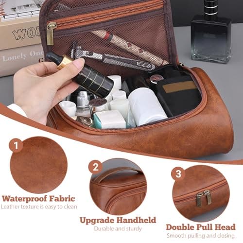 Leather Toiletry Bag for Men – Waterproof Toiletry Bag with Dry & Wet Separation, Thickened Brown Wash Bag, Travel Wash Organizer with Multiple Compartments | Mens Toiletry Bags (Brown) — view 3