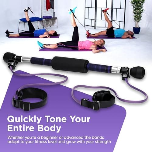 Gym Magic Pilates Reformer Bar Yoga Stick with Resistance Bands & Online Videos - Full Body Workout Fitness Kit with Padded Neck Support, Comfort Grip Handles & Latex Bands — view 3