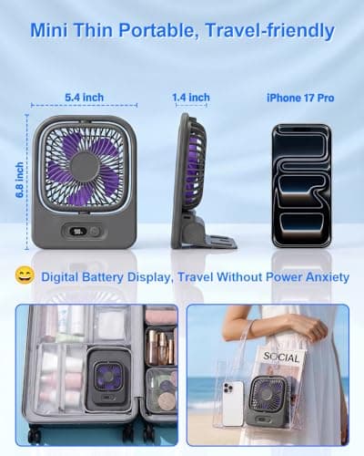 WISFISSH Ultra Thin Magnetic Cruise Fan, Portable Travel Fan Rechargeable with LED Display, 4 SPeed Foldable Cruise Approved Desk Fan for Ship Cabin, Gym, Office, Bedroom - Grey — view 3