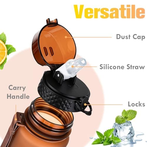 GOPPUS 1L/32oz Tritan Water Bottle with Straw-Soft Matte Finish Leakproof Drink Bottle with Measurements Bottles with Flip Top Motivational Bottles with Time Marks for Adults BPA Free (Brown) — view 4