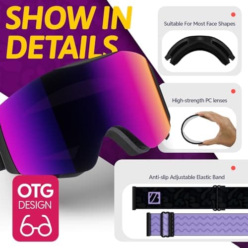 JUBAO Flip-Up Ski Goggles for Men Women, Anti-fog Magnetic OTG Snow Snowboard Goggles for Instant Defogging UV400 Protection — view 3