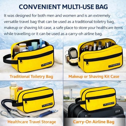 Water-Resistant Toiletry Bag for Men & Women - Lightweight Travel Wash Bag with Multiple Compartments, Compact Dopp Kit Cosmetic Organizer, Durable Nylon Shaving & Makeup Storage Case (Yellow) — view 6
