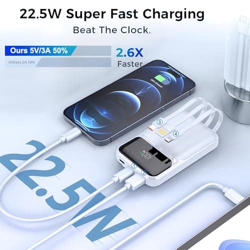 Power Bank With Built in Cables 10000mAh, 22.5W Fast Charge Portable Charger, USB C Battery Pack with 4 Outputs & 3 Inputs Compatible with iPhone 16 15 14 13 iPads Tablets and More — view 2