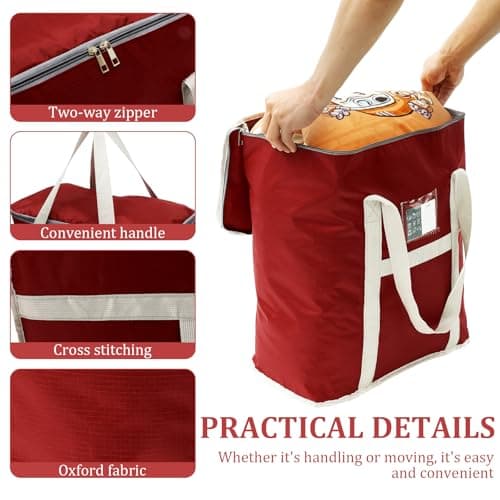 50L Moving Packing Bags, Oxford Heavy Duty Duffel Bag with Zips and Handle, Waterproof Bedding Bag for Moving, Storage, Camping and Travel(Red,50L) — view 3