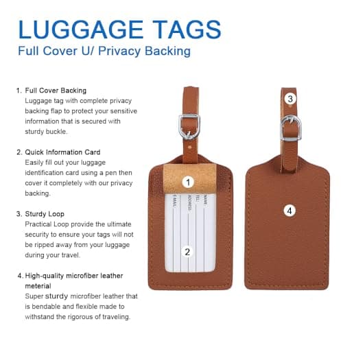 Leather Luggage Tags 4 Pack Bag Suitcase Labels, Brown, 4 pack — view 5