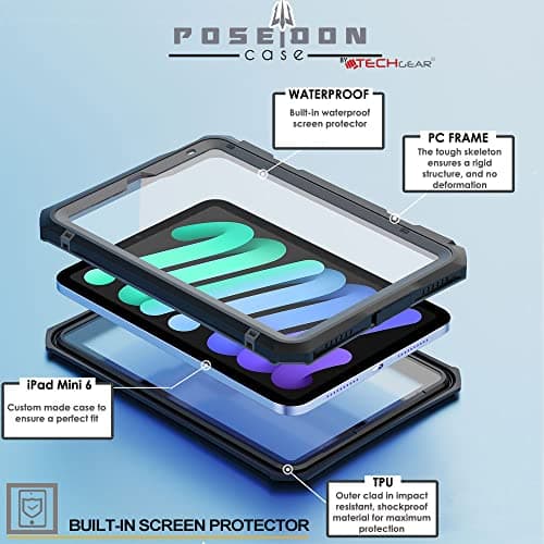 TECHGEAR Waterproof Case for iPad Mini 7/6 (8.3" 2024 & 2021) Poseidon Series Rugged Shockproof Case with Built-in Screen Protector, Stand & Strap – Heavy Duty Protection for Field, School or Travel — view 4