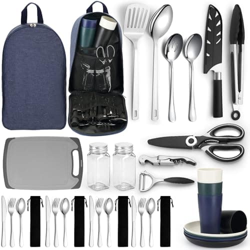 Homquen Camping Cooking Set, 33pcs Camping Cooking Equipment, Camping Kitchen, Camping Essentials, Camping Utensils Set for Travel, Hiking, Picnics, BBQs and Parties