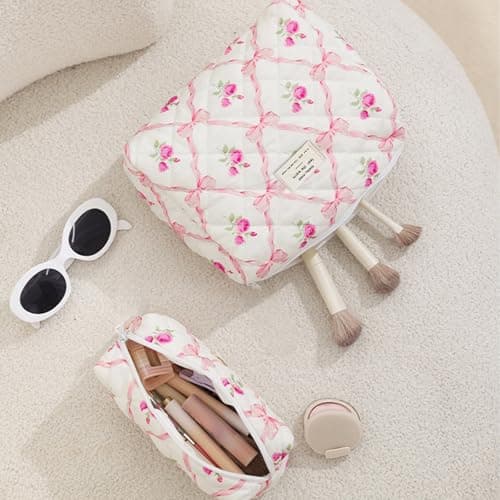 Aucuu 3PCS Coquette Makeup Bag, Quilted Makeup Bag for Women, Floral Cotton Cosmetic Bag Set, Large Capacity Aesthetic Floral Toiletry Bag, Travel Toiletry Bag, Wash Organizer Pouch for Women Girls — view 6