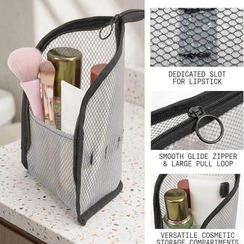 Standing Toiletry Bag,Waterproof Travel Toothbrush Storage Pouch with Holder,Portable Stand Up Organizer for Toothbrush,Makeup Brushes,Cosmetic Brush Bag for Hotel, Vacation,Trip (Black + White) — view 3