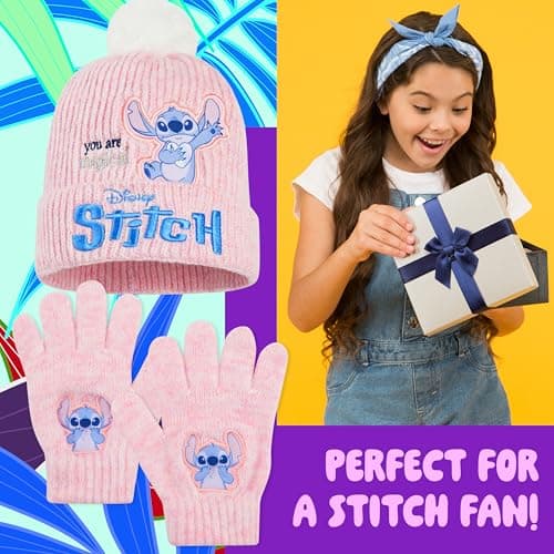 Disney Stitch Girls Beanie Hat and Gloves Kids Teenagers 2 Pcs Winter Accessories Set for School or Travel, Stitch Gifts (6-14 Years, Pink Stitch) — view 3