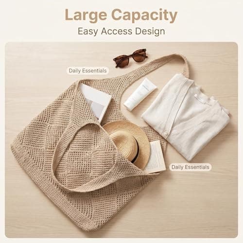 Parspetil Brown Crochet Tote Bag,Mesh Beach Bag for Women,Knit Boho Shoulder Bag Summer Vacation Casual Handbag for Beach Travel and Shopping — view 4