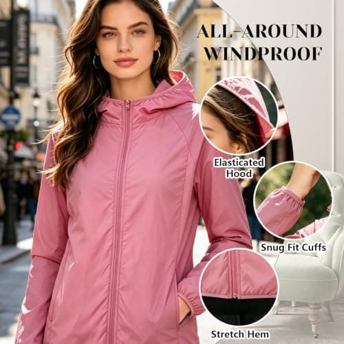 DOINEUFL 2 Pack Womens Lightweight Waterproof Jacket Ladies Rain Coats Packable Pac A Mac Windbreaker for Running Cycling Hiking (UK, Alpha, XL, Regular, Regular, Pink + Black) — view 4