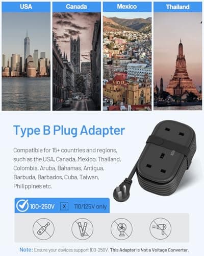 UK to US Plug Adapter with 1.5M Extension Cable, FDTEK 2 Way Travel Extension Lead with 3 USB Slots & Retractable USB C Cable, Type B Travel Adapter for American, Thailand, Canada, Mexico — view 4