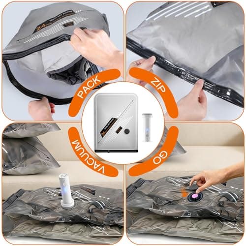 Vacuum Storage Bags for Travel with 2 Pump,12Pack Reusable Space Saver Bags with Rechargeable Electric Pump and Manual Pump Save 80% Space for Travelling or Household Storage — view 5