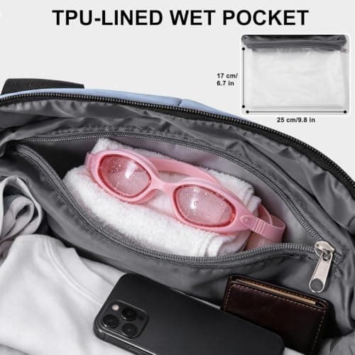 Vllcsla Sports Duffle Bag Small for Women with Wet Pocket, 45x20x27 cm, Womens Gym Tote Bag Duffle Bags, Waterproof Overnight Weekend Carry On Bags, Lightweight, for Gym/Swim/Beach (Blue) — view 5