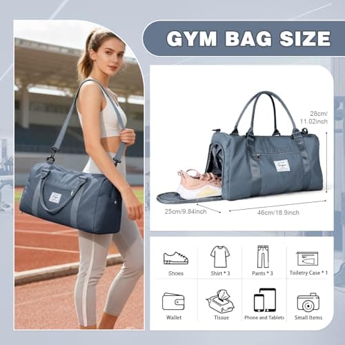 WEPLAN Gym Bag Womens Men Sports Fitness Bags Weekend Overnight Bag Travel Duffle Bags for Women with Shoes Compartment Wet Pocket,Holdall Hospital for Swimming Carry on Hand Luggag,A13-Gray Blue — view 3