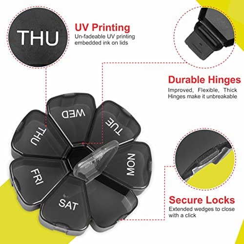 Portable Weekly Pill Box Organiser | Easy to Open 7 Day Premium Quality Tablet Box | Travel Pill Case with Snap Shut Lids |Tablet Organiser for Vitamins, Supplements & Medicine - Mark Curve — view 5