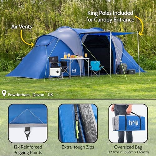 Trail Hartland XL 6 Man 2 Room Tent with Living Area, 3000mm HH Waterproof Rated, 2 Darkened Bedrooms, Easy Pitch Family Camping Tunnel Tent, King Pole Awning, Storage Bag, L560cm x W220cm x H190cm — view 5