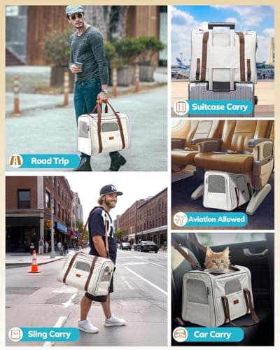 Morpilot Cat Carrier - Airline Approved, Top Opening Portable Dog Bag with Breathable Mesh/Removable Mat, Adjustable Shoulder Strap & Bowl, Foldable Travel Cage, L, Beige (Max 9kg) — view 4